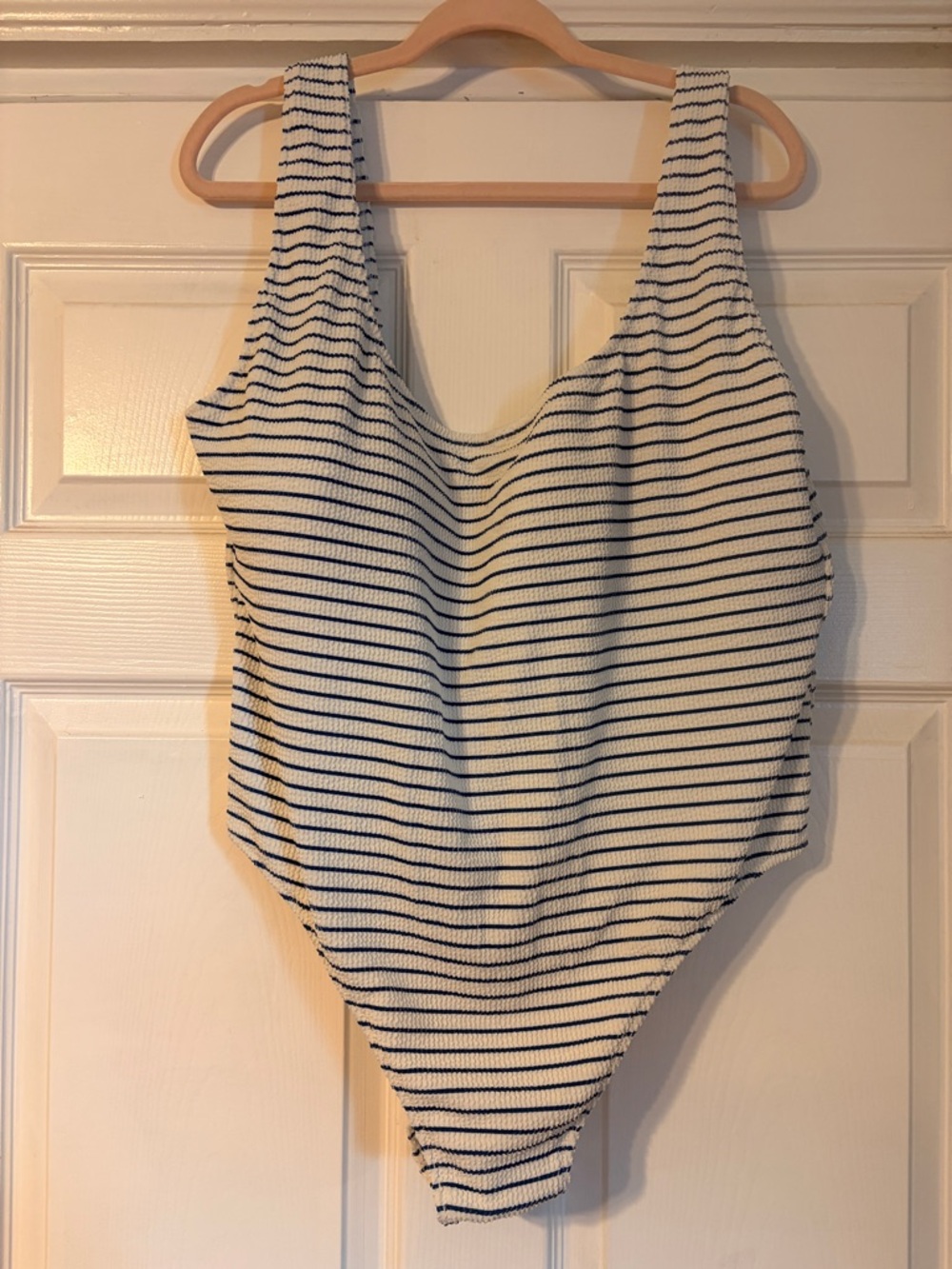 J. Crew White and Navy Ribbed Striped One-Piece Swimsuit